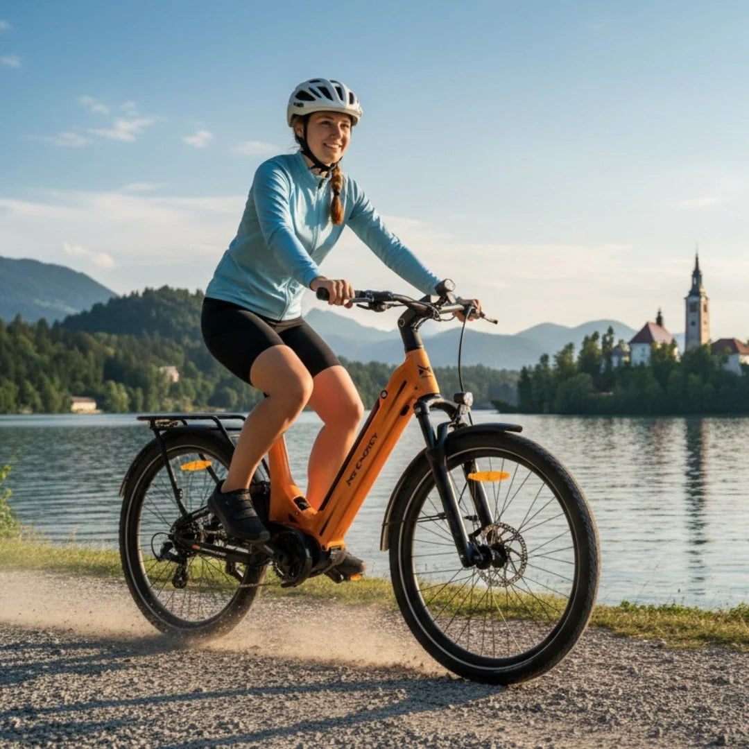 Electric bicycle MS Energy SUV C502 – woman riding by a lake with a church