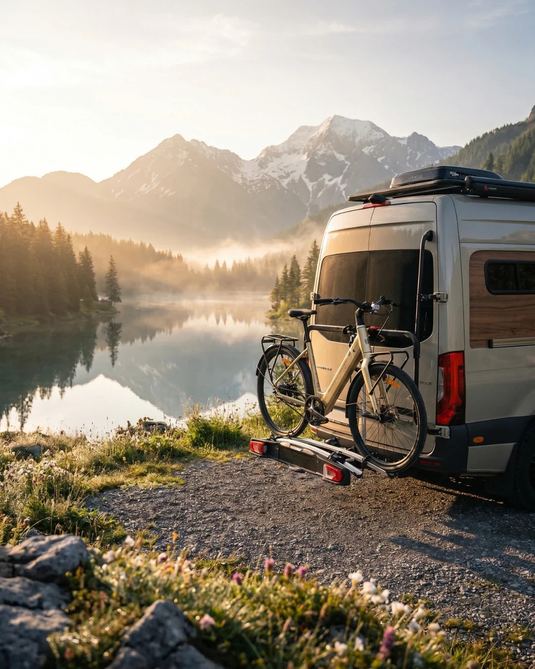 Electric bicycle MS Energy Zorya PLUS – mounted on a camper van, scenic view