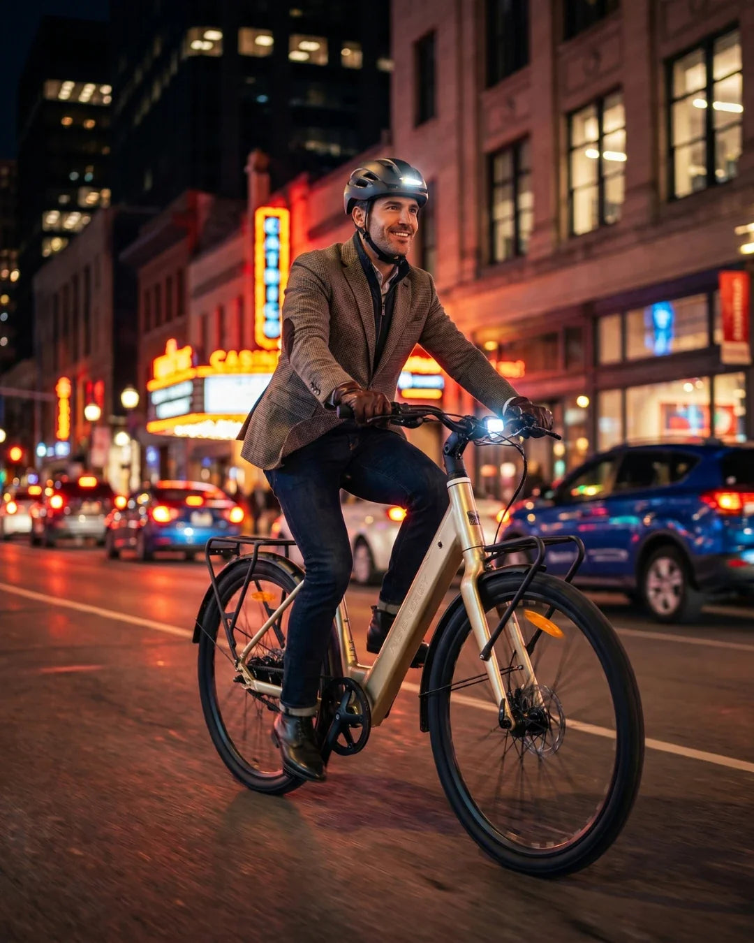 Electric bicycle MS Energy Zorya PLUS – person riding at night in city