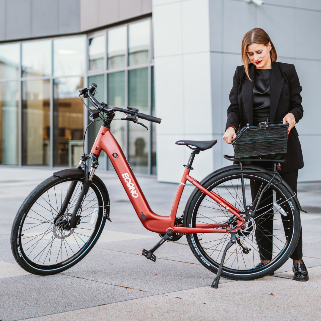 Electric bicycle ECONO Apes CITY EER4 – woman standing with bike, side view