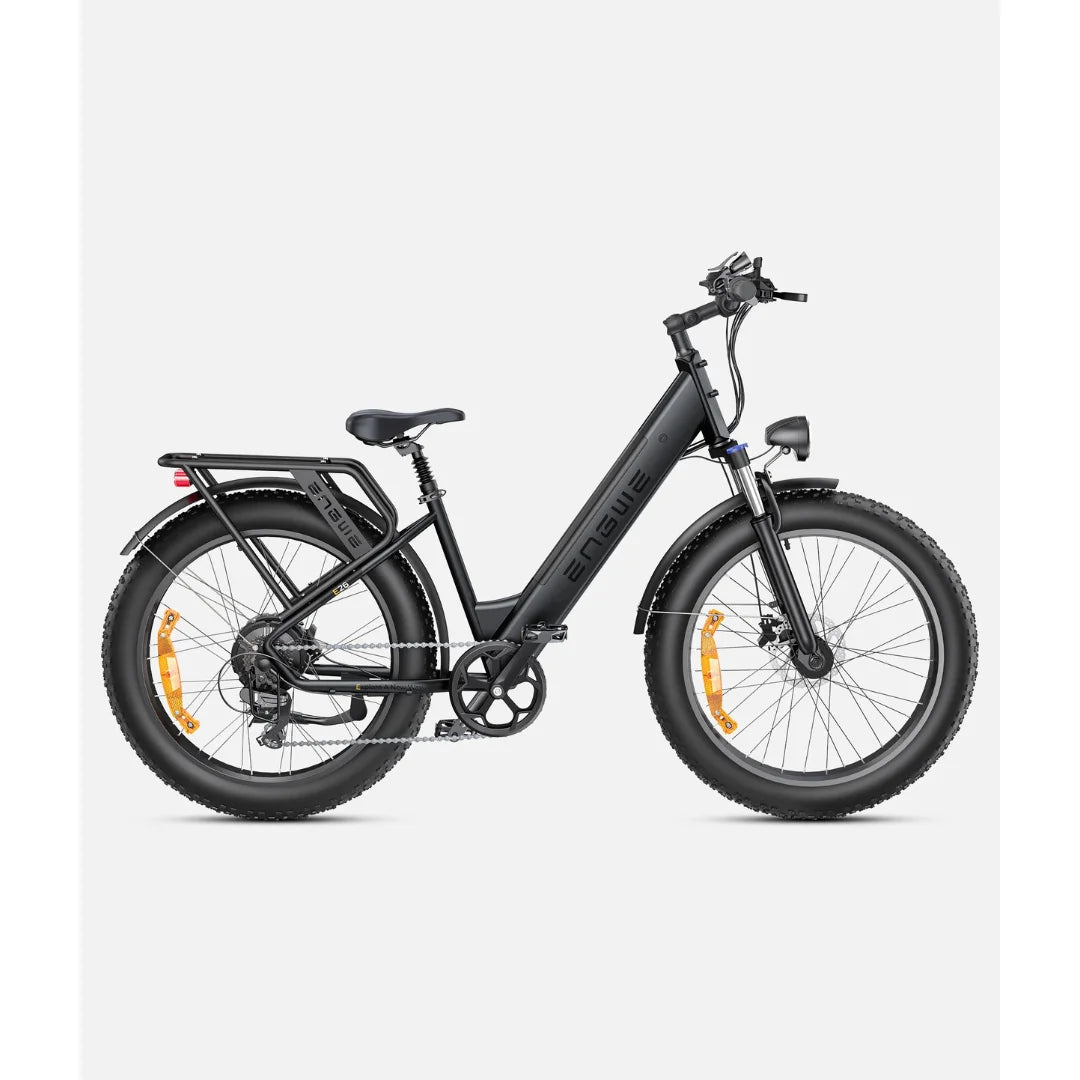 Electric Bike Engwe E26 features a sleek black design, durable fat tires, and a comfortable seating position.