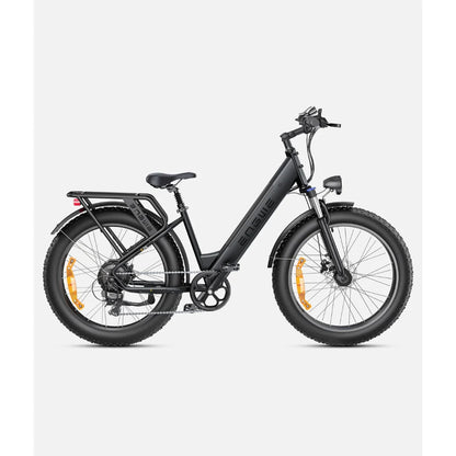 Electric Bike Engwe E26 features a sleek black design, durable fat tires, and a comfortable seating position.