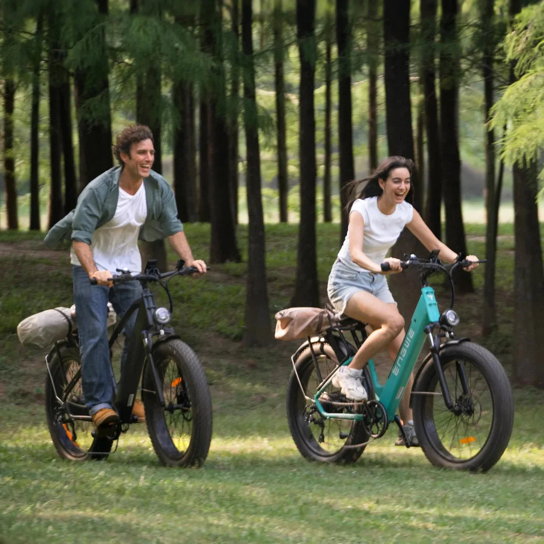Electric Bike Engwe E26, two riders enjoying their time in nature, showcasing vibrant designs and features.