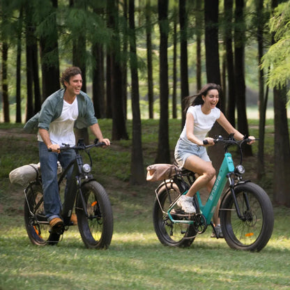 Electric Bike Engwe E26, two riders enjoying their time in nature, showcasing vibrant designs and features.