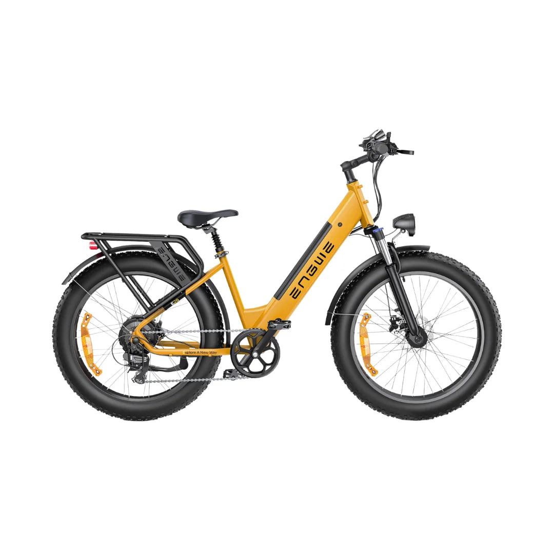 Electric bicycle Engwe E26 – side view, step-through frame, yellow colour variant