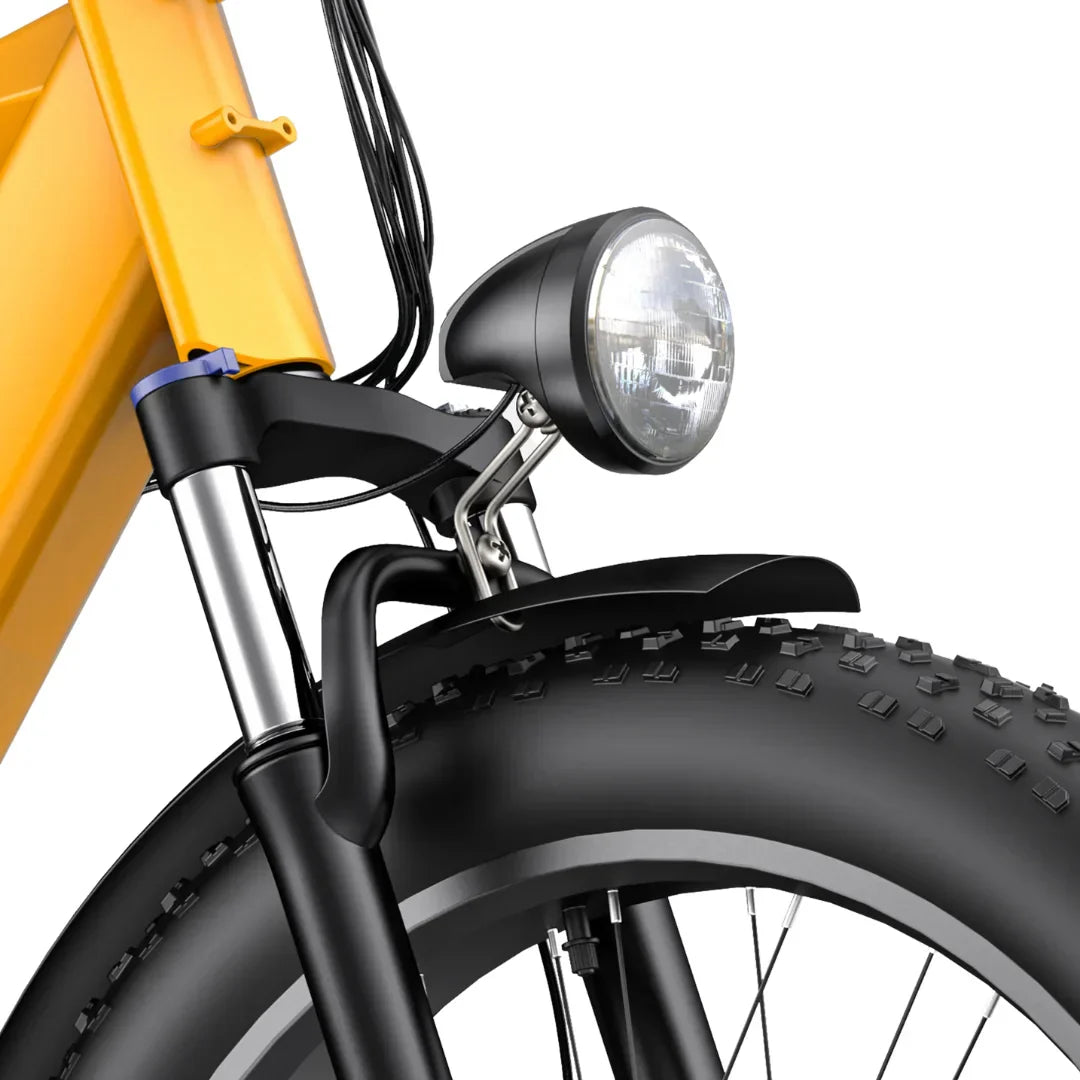 Electric bicycle Engwe E26 – front headlight and suspension close-up