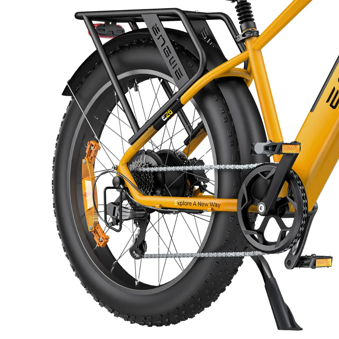 Electric Bike Engwe E26 features a striking yellow frame, sturdy rear rack, and robust fat tires.