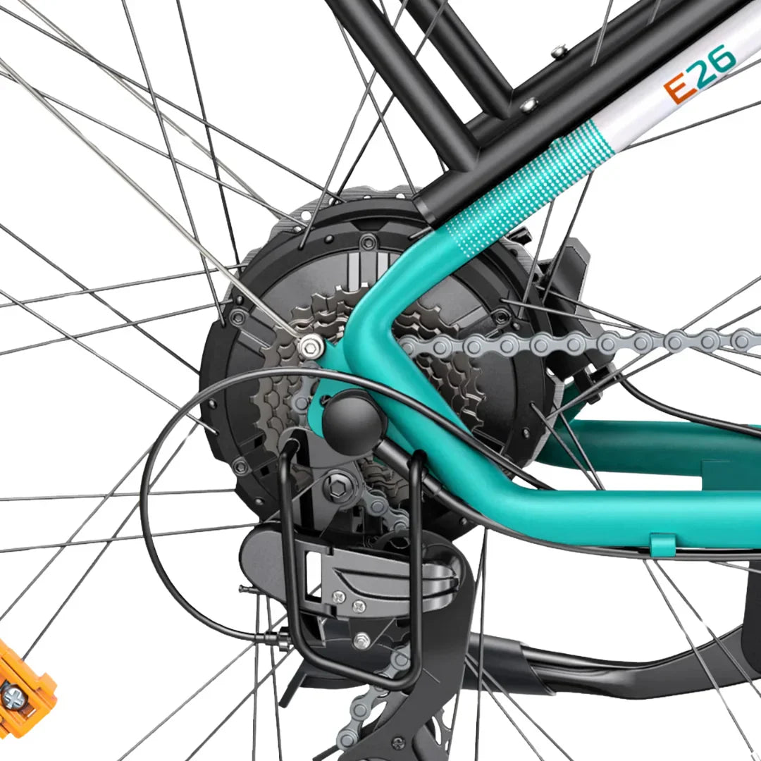 Electric bicycle Engwe E26 – rear wheel, motor, and derailleur close-up
