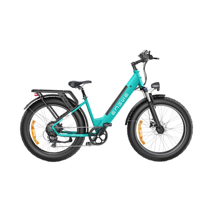 Electric Bike Engwe E26 features a sleek turquoise frame, fat tires, and a sturdy design for stability.