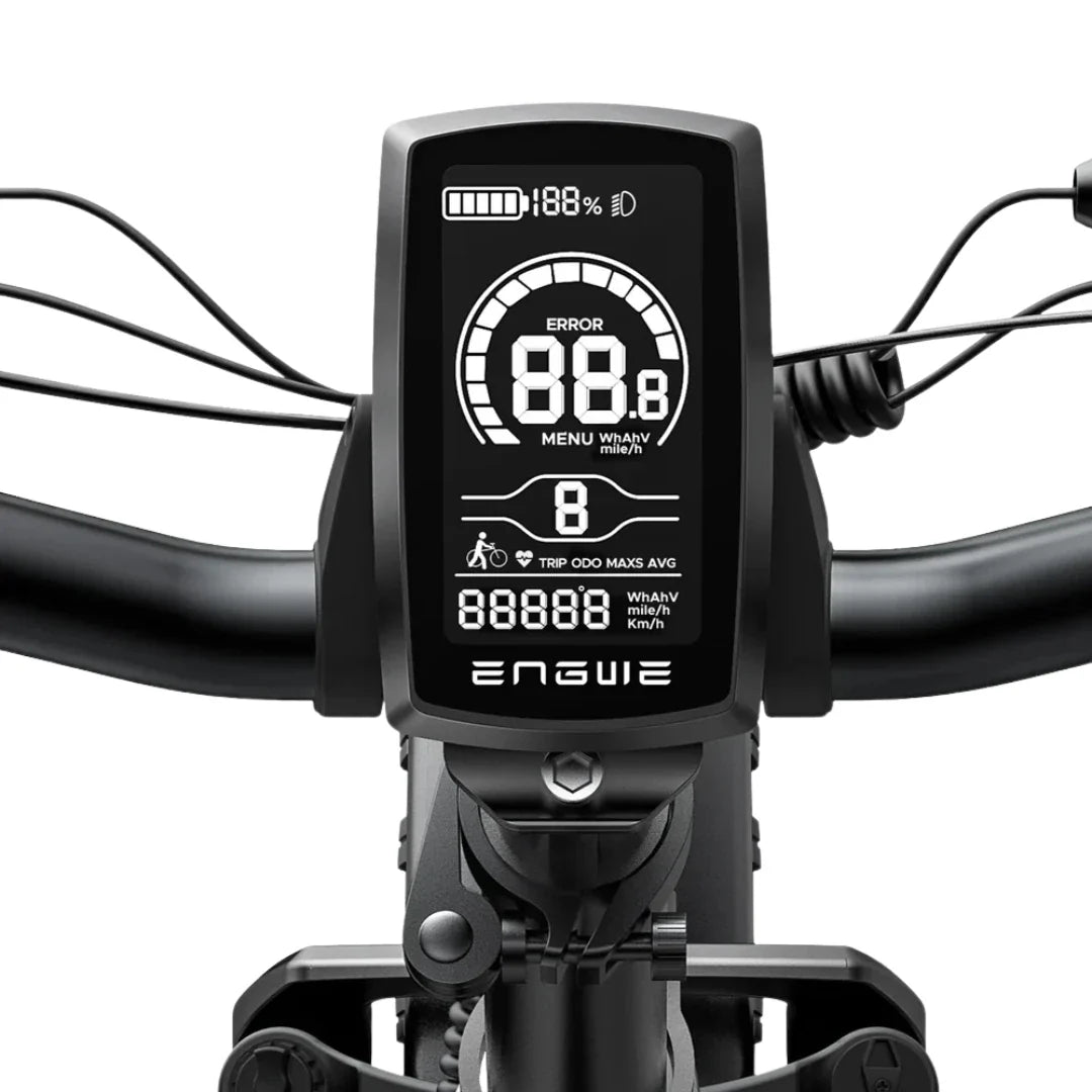 Display screen of the electric bike Engwe EP 2 Boost showing various statistics including battery percentage and trip data