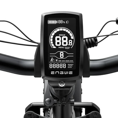 Display screen of the electric bike Engwe EP 2 Boost showing various statistics including battery percentage and trip data