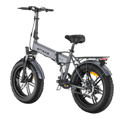 A gray electric bike Engwe EP 2 Boost with fat tires and a folding frame