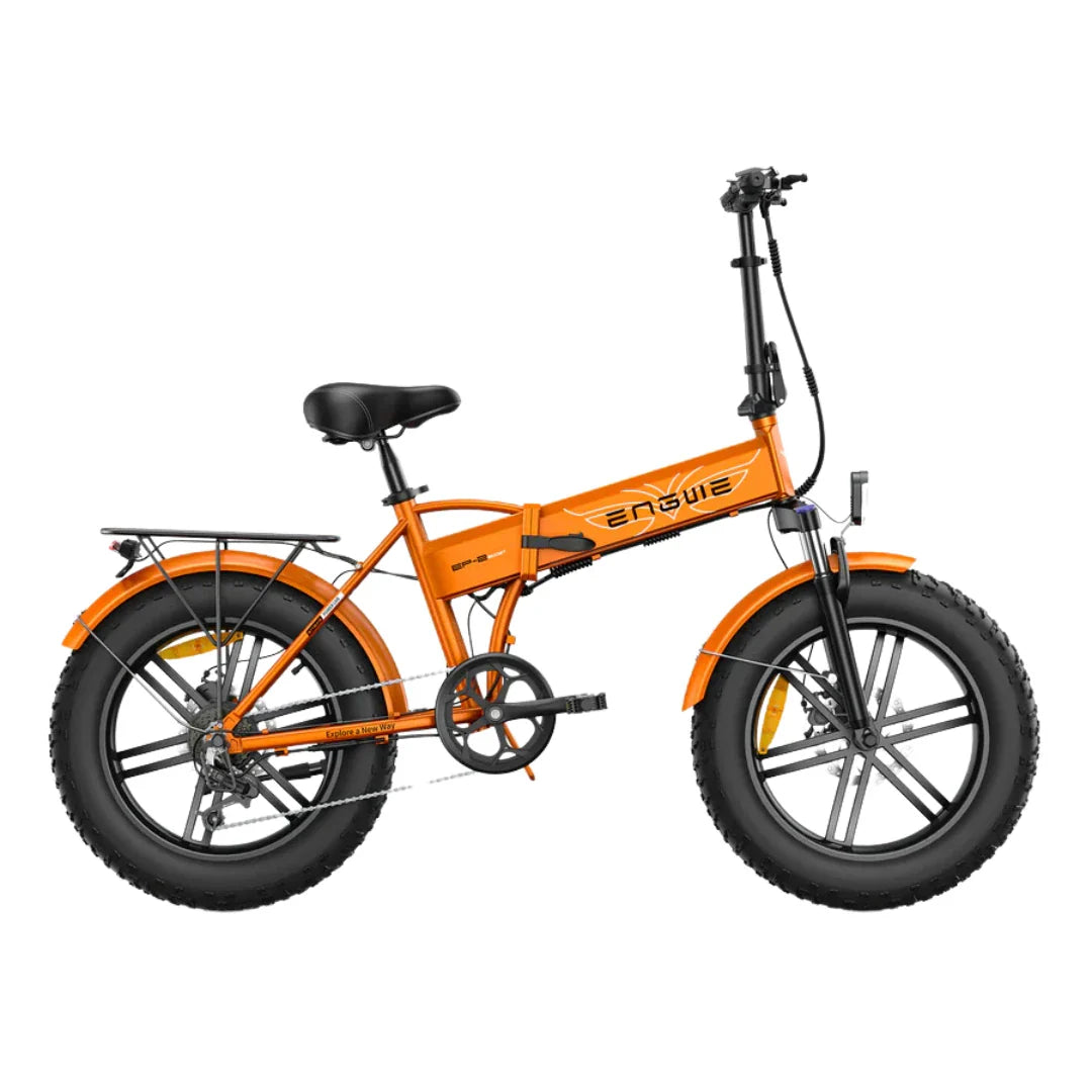 An orange electric bike Engwe EP 2 Boost with fat tires and a sleek design