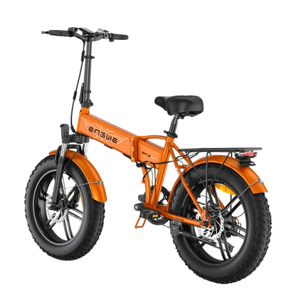 An orange electric bike Engwe EP 2 Boost with fat tires and a rear rack