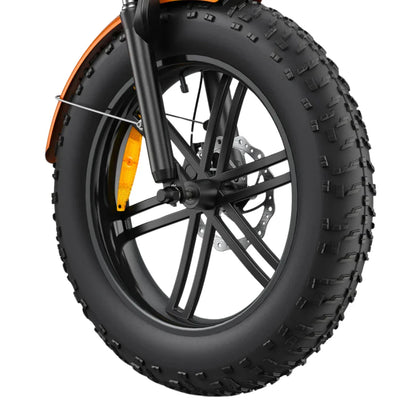 Close-up of the front wheel and tire of the electric bike Engwe EP 2 Boost, featuring a thick, rugged tire and disc brake