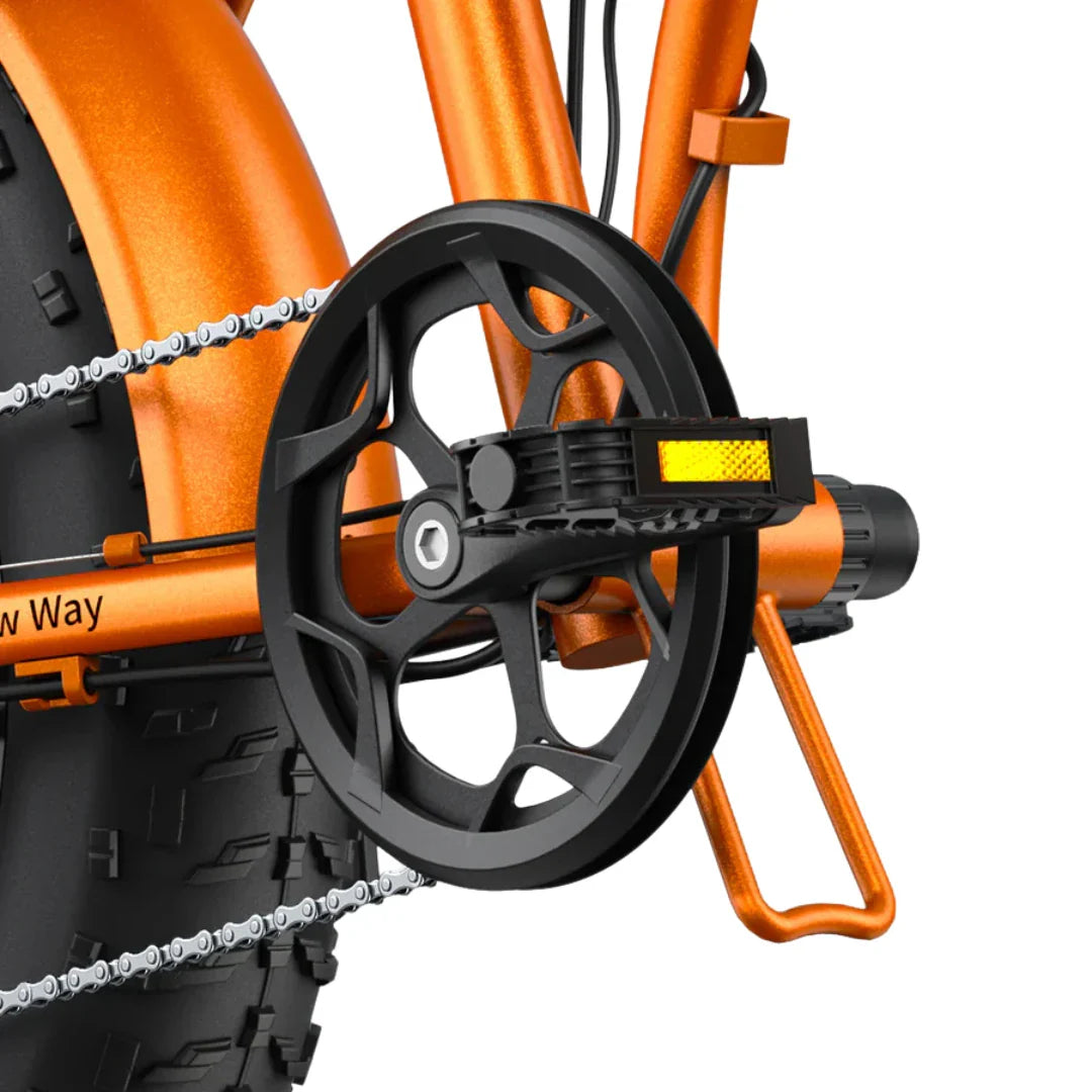 Close-up of the drivetrain and pedal assembly of the electric bike Engwe EP 2 Boost, featuring an orange frame and black components