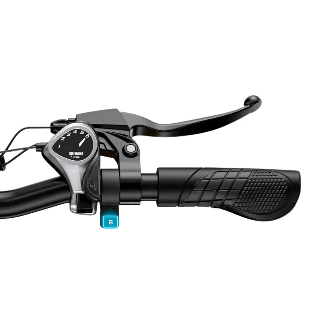 Close-up view of the handlebar controls, including a Shimano gear shifter and brake lever, for the electric bike Engwe EP 2 Boost
