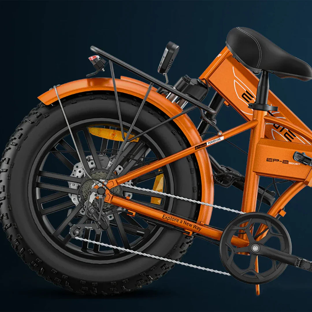 Close-up view of the rear wheel and frame of the electric bike Engwe EP 2 Boost, featuring a vibrant orange design and robust tires
