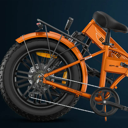 Close-up view of the rear wheel and frame of the electric bike Engwe EP 2 Boost, featuring a vibrant orange design and robust tires