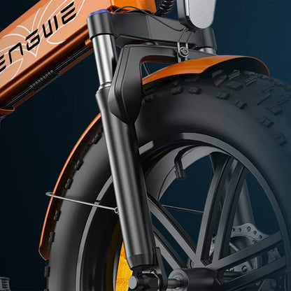 Close-up view of the front suspension and tire of the electric bike Engwe EP 2 Boost