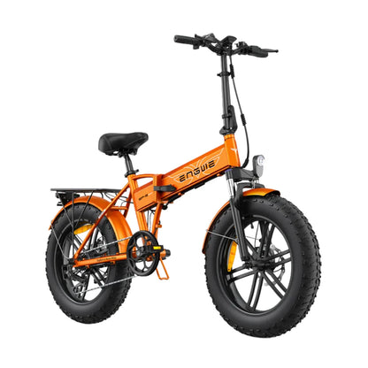 An orange electric bike Engwe EP 2 Boost with fat tires and a folding design