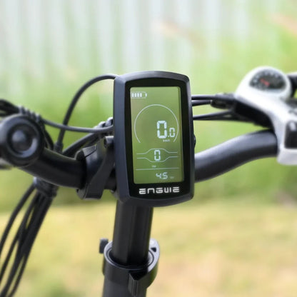 Electric Bike Engwe Engine X displays a sleek digital monitor showing speed, battery level, and distance traveled.