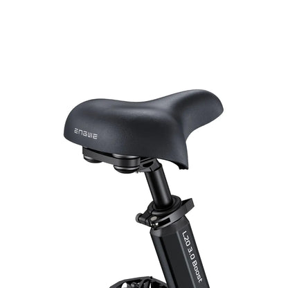 The Electric Bike Engwe L20 3 0 Boost features a comfortable black seat with an adjustable height mechanism.