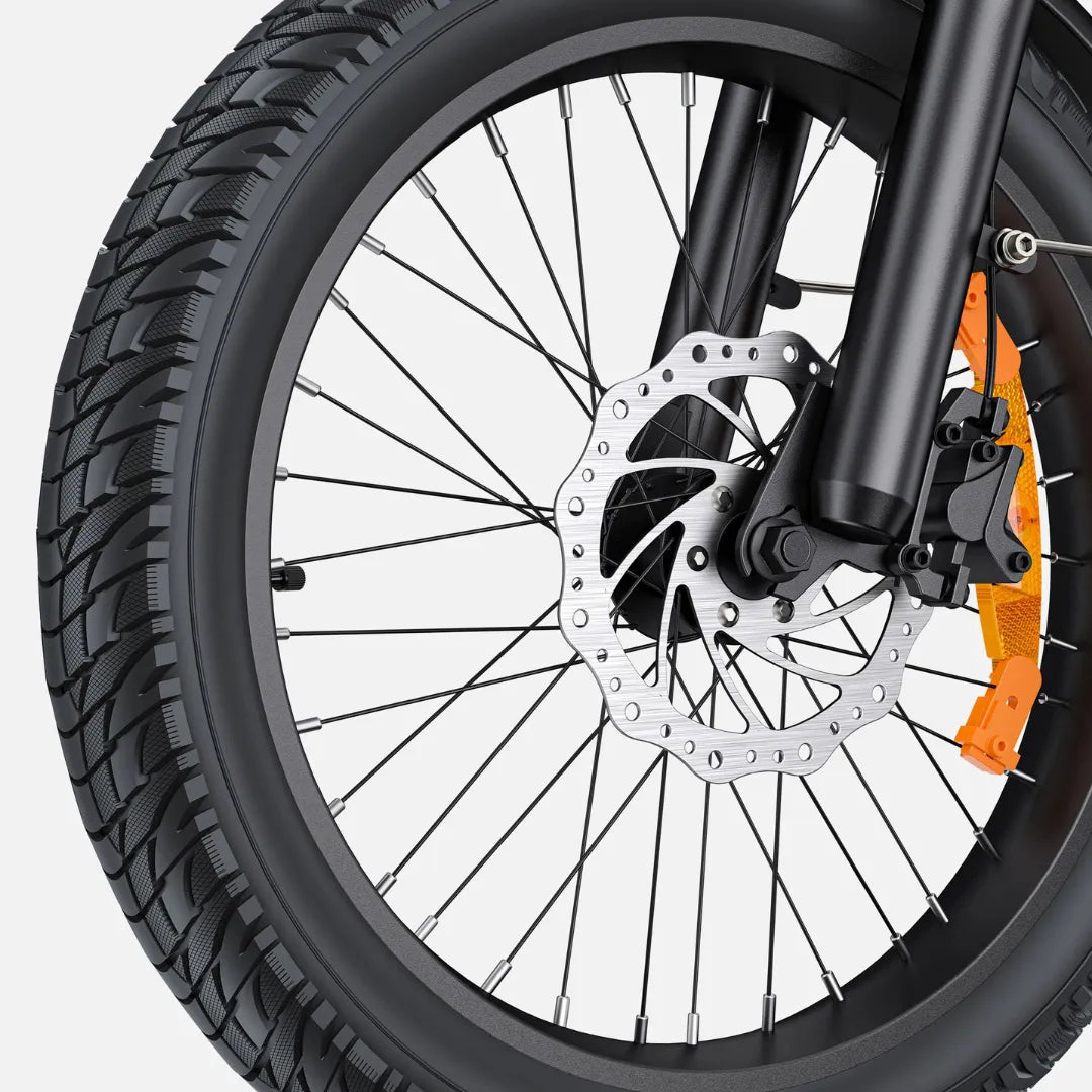 Electric bicycle Engwe L20 3.0 Boost – front wheel, disc brake, and reflector close-up