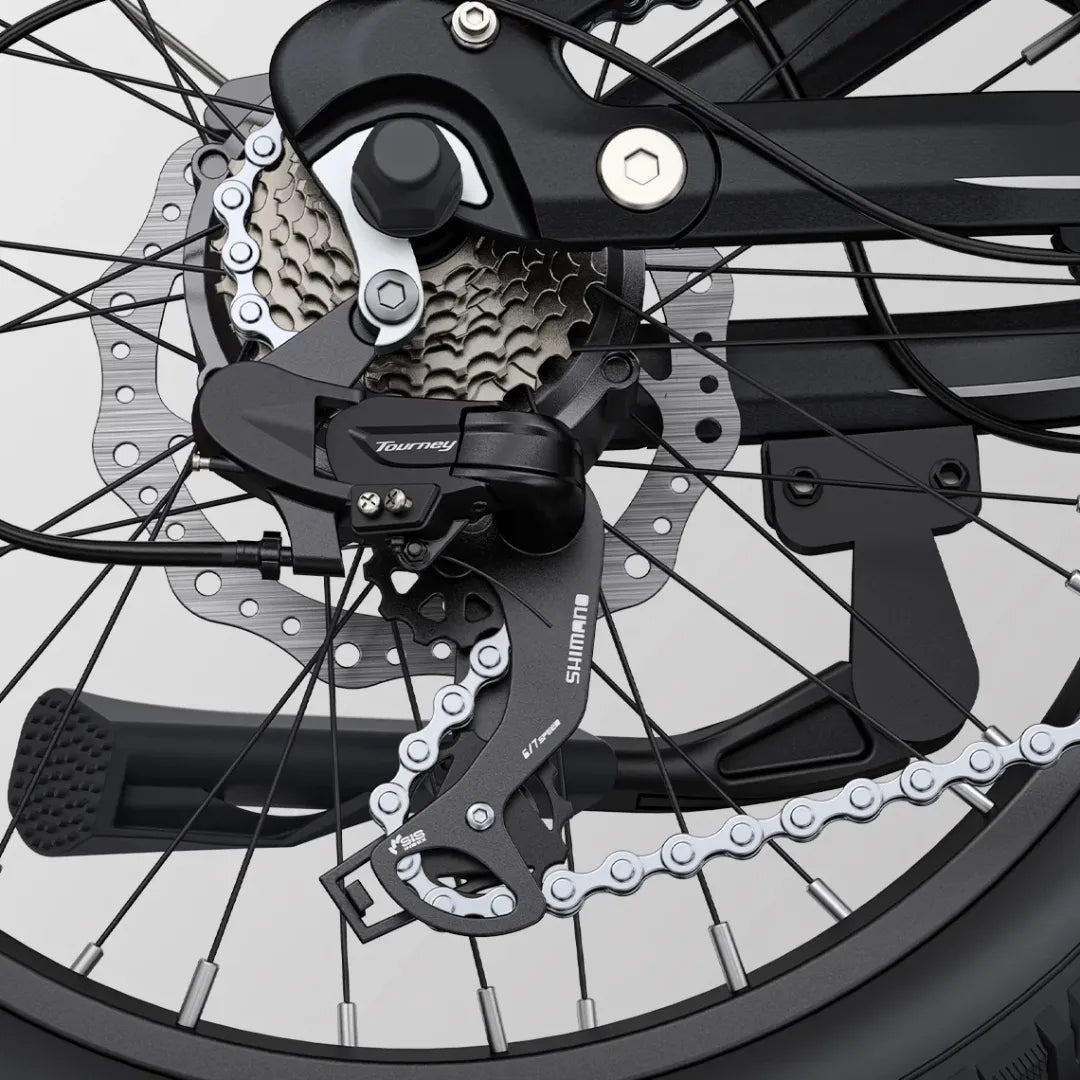 Electric Bike Engwe L20 3 0 Boost features a Shimano Tourney rear derailleur with a detailed gear system.
