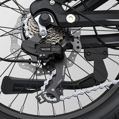 Electric Bike Engwe L20 3 0 Boost features a Shimano Tourney rear derailleur with a detailed gear system.