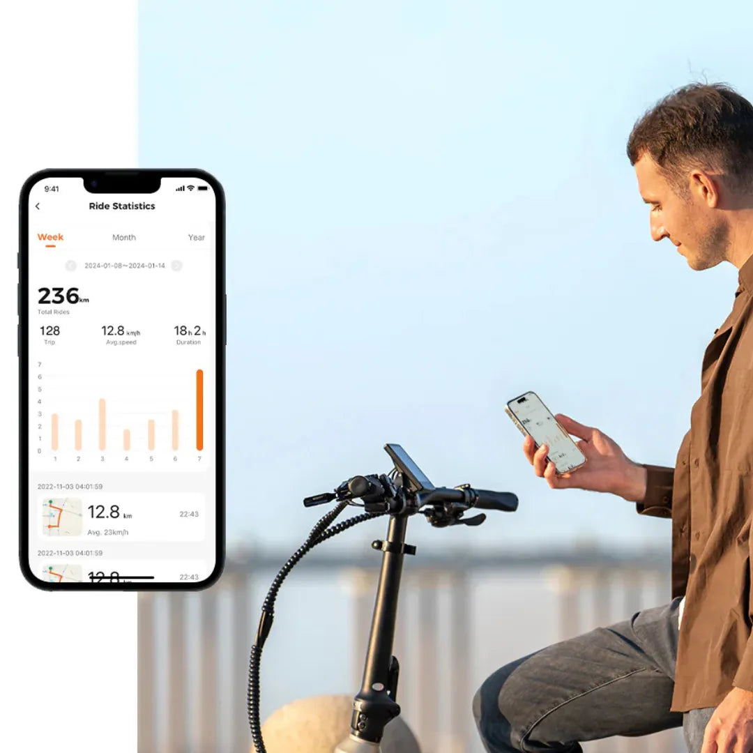 The Electric Bike Engwe L20 3.0 Boost showcases a rider checking ride statistics on his smartphone.