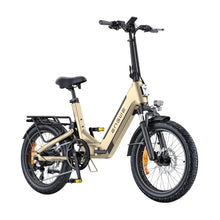 Electric Bike Engwe L20 3 0 Boost features a sleek gold frame, adjustable seat, sturdy rear rack, and compact design.
