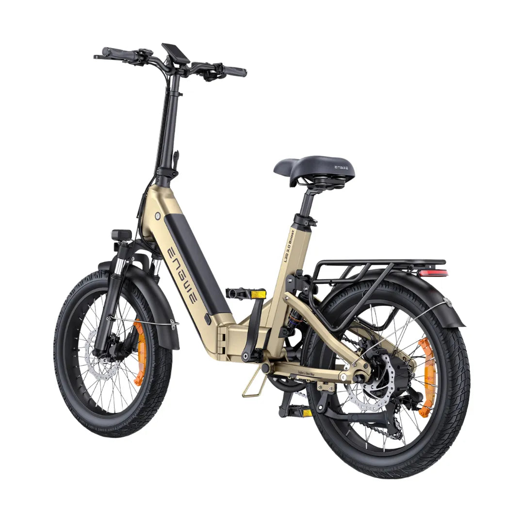 Electric bicycle Engwe L20 3.0 Boost – rear three-quarter view, gold colour variant