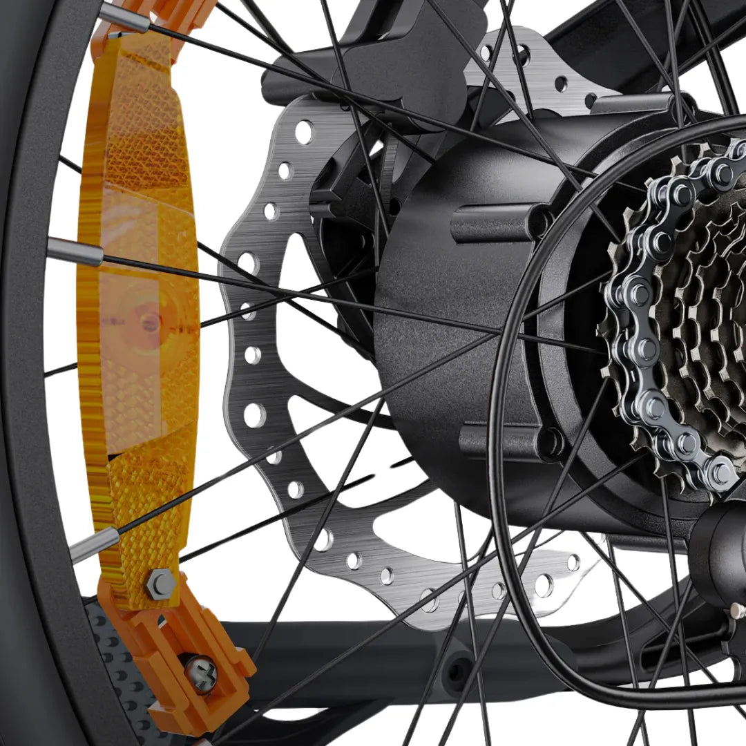 Electric bicycle Engwe L20 3.0 Boost – rear wheel, disc brake, and reflector close-up