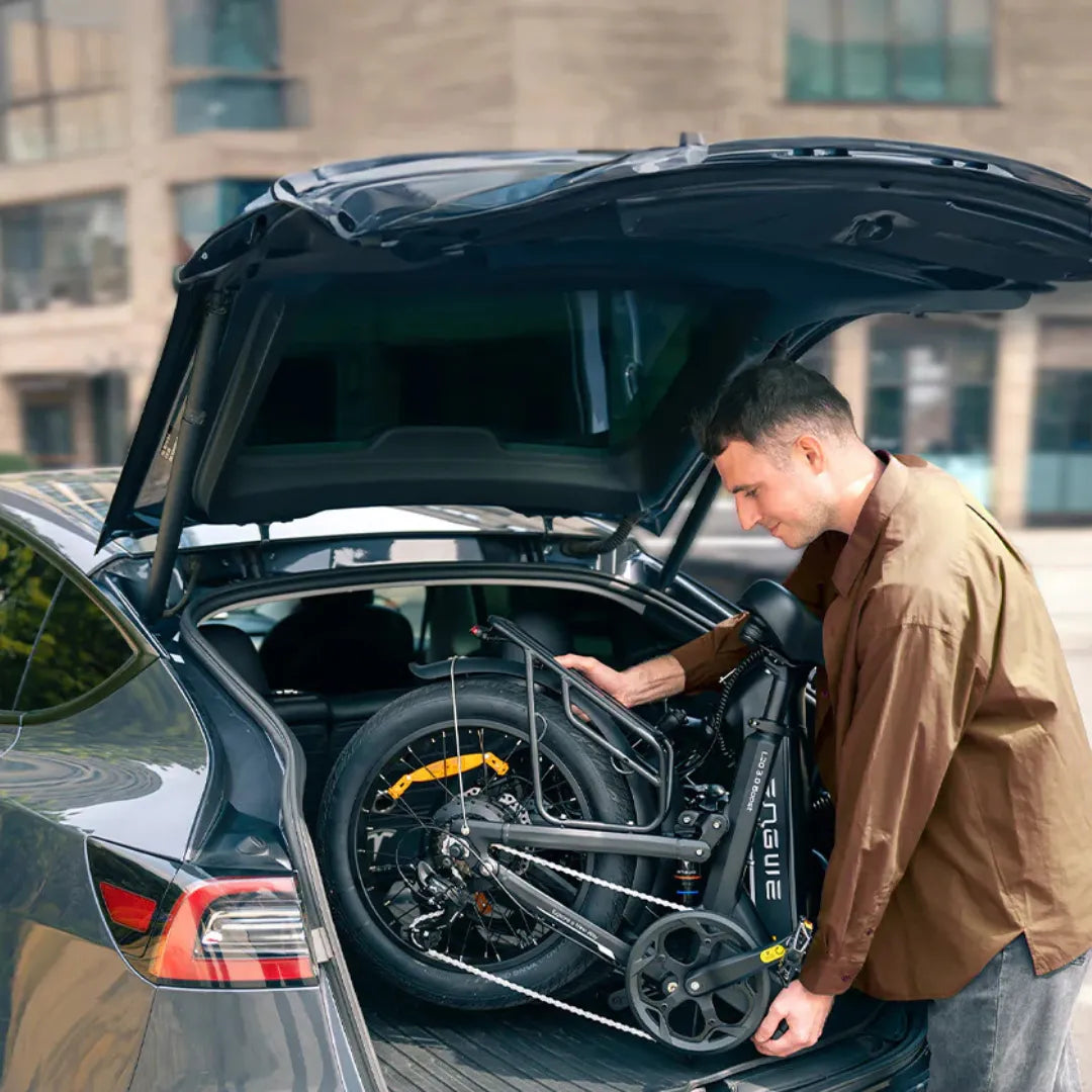 Electric Bike Engwe L20 3 0 Pro, compactly folded for easy loading into a car trunk.