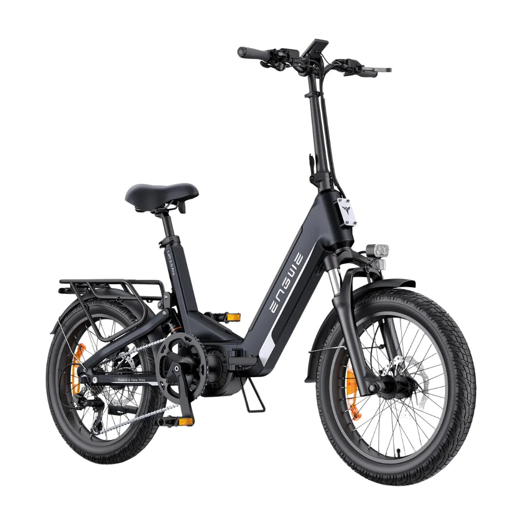 The Electric Bike Engwe L20 3 0 Pro features a sleek black design, adjustable seat, and sturdy frame.