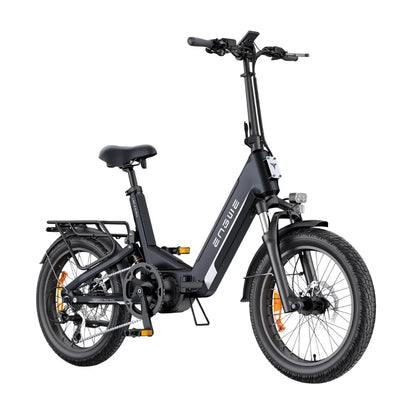 The Electric Bike Engwe L20 3 0 Pro features a sleek black design, adjustable seat, and sturdy frame.