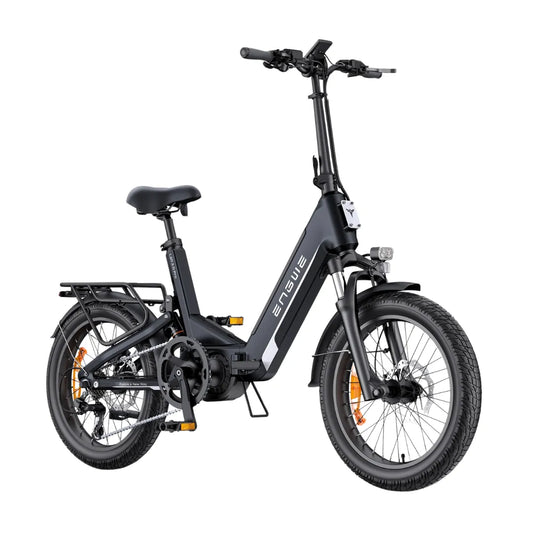 The Electric Bike Engwe L20 3 0 Pro features a sleek black design, adjustable seat, and sturdy frame.