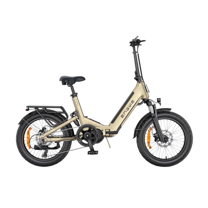 The Electric Bike Engwe L20 3 0 Pro features a compact design with a stylish gold frame and robust tires.
