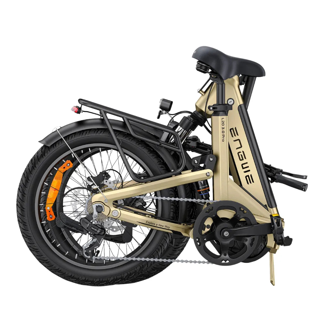 Electric Bike Engwe L20 3 0 Pro features a compact, foldable design with a sleek gold frame and sturdy tires.