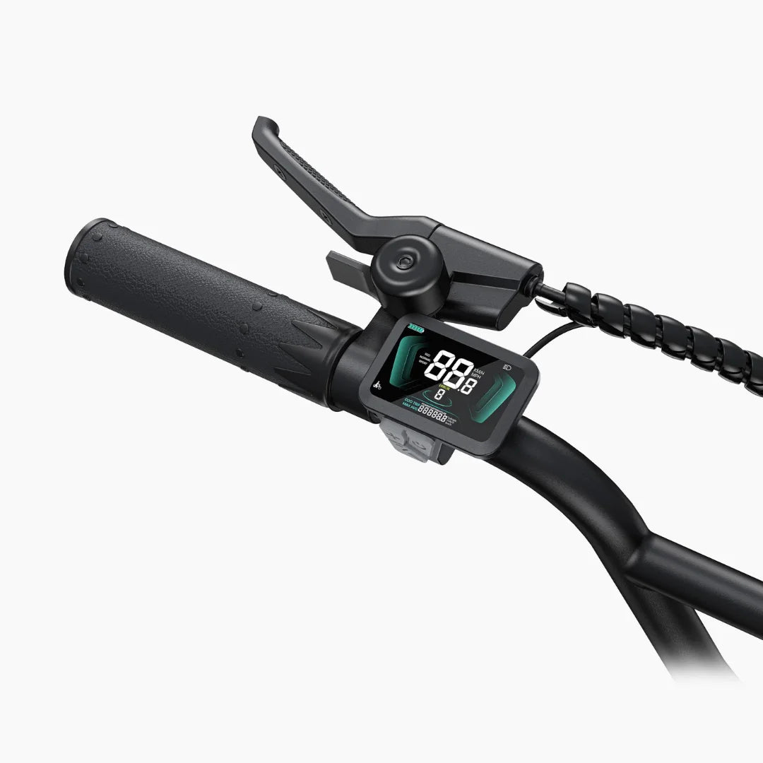 Electric bicycle Engwe L20 Boost – handlebar display and brake lever close-up
