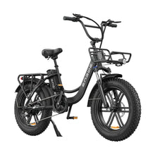 Electric Bike Engwe L20 features a sleek black frame, fat tires, and a front basket for convenience.