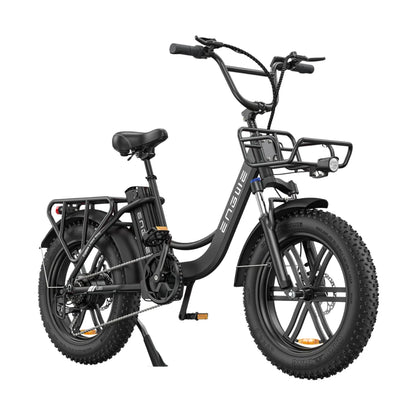 Electric Bike Engwe L20 features a sleek black frame, fat tires, and a front basket for convenience.