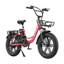 Electric Bike Engwe L20 features a stylish pink frame, wide tires, a front basket, and adjustable handlebars.