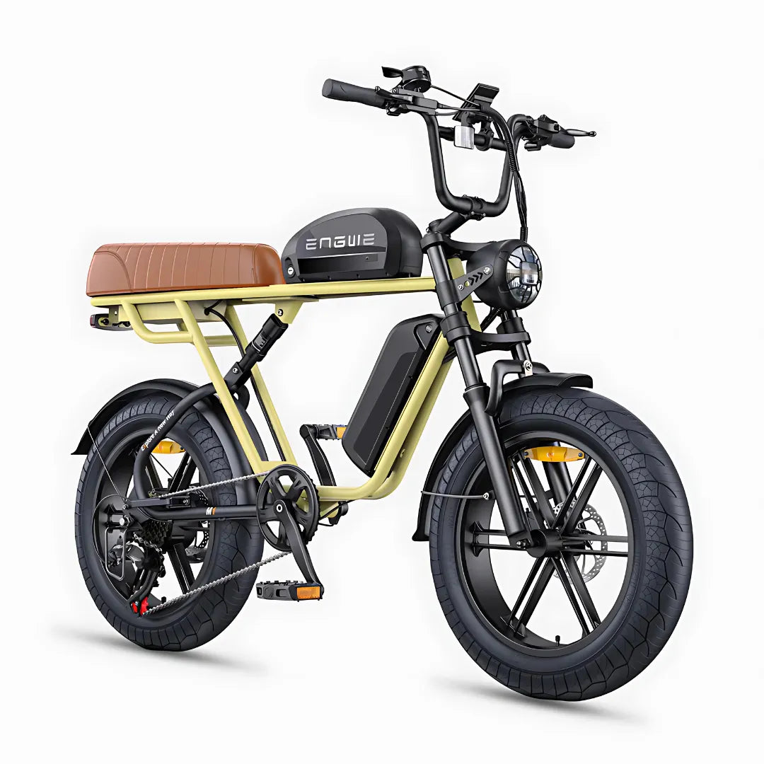 Electric bicycle Engwe M1 – front three-quarter view, yellow frame, brown seat