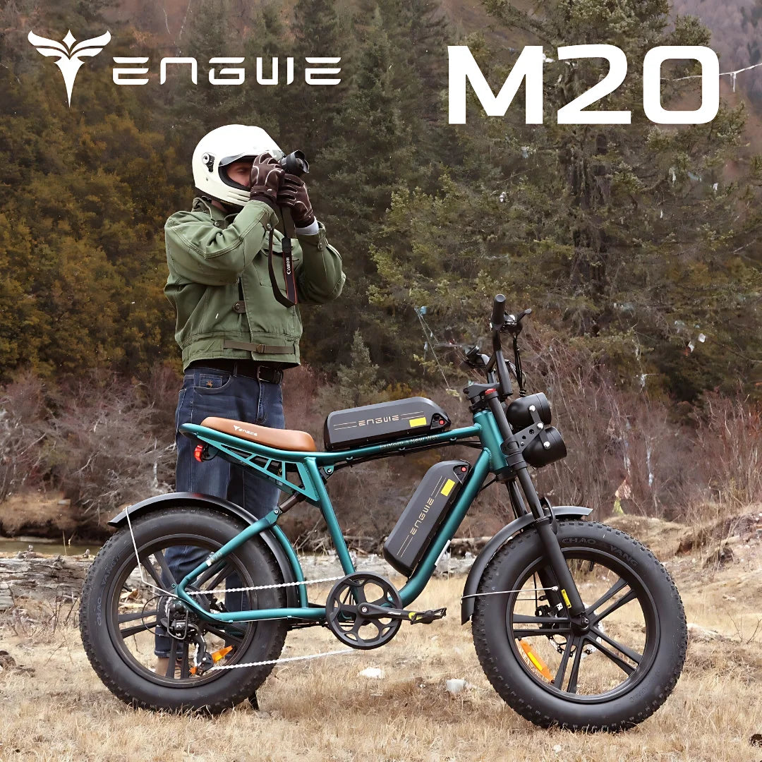 Electric bicycle Engwe M20 – rider with bicycle in natural setting