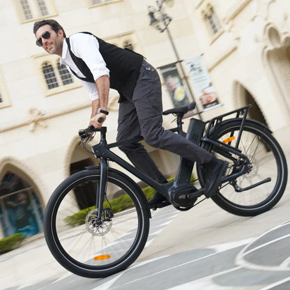 Electric Bike Engwe P275 Pro, sleek design, rider in casual attire, stylish urban backdrop, captures motion.