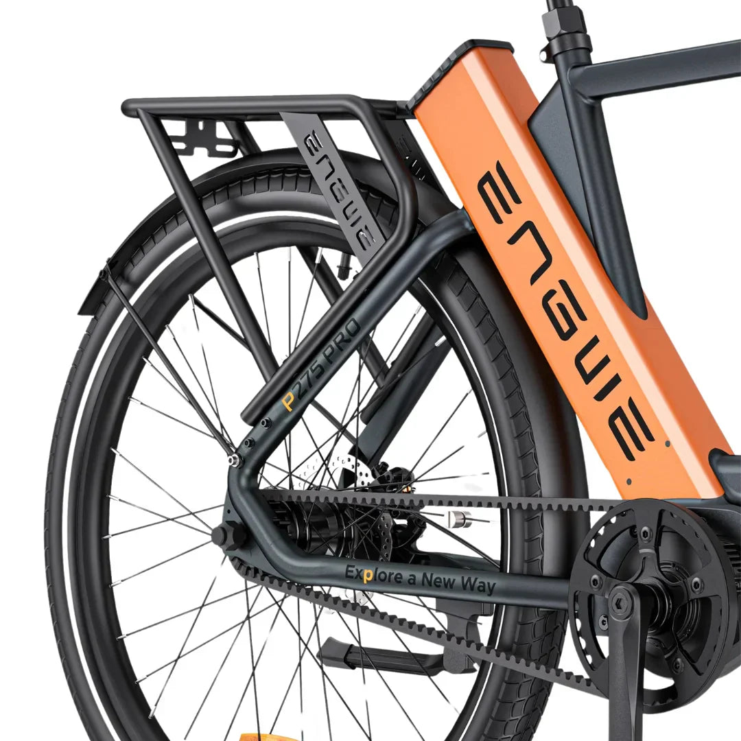 Electric bicycle Engwe P275 Pro – rear wheel, belt drive, and rack