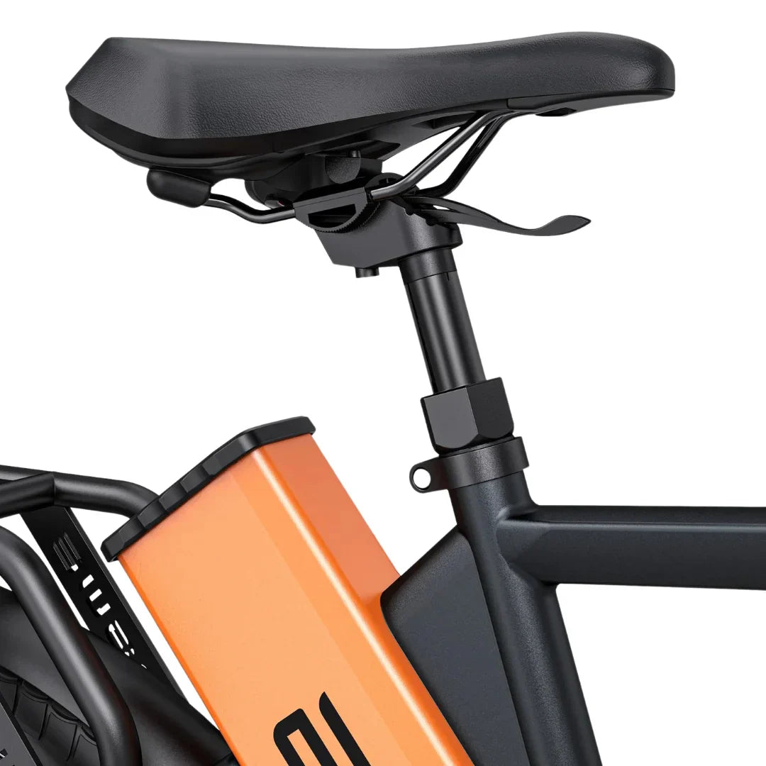 Electric bicycle Engwe P275 Pro – seat and orange battery close-up