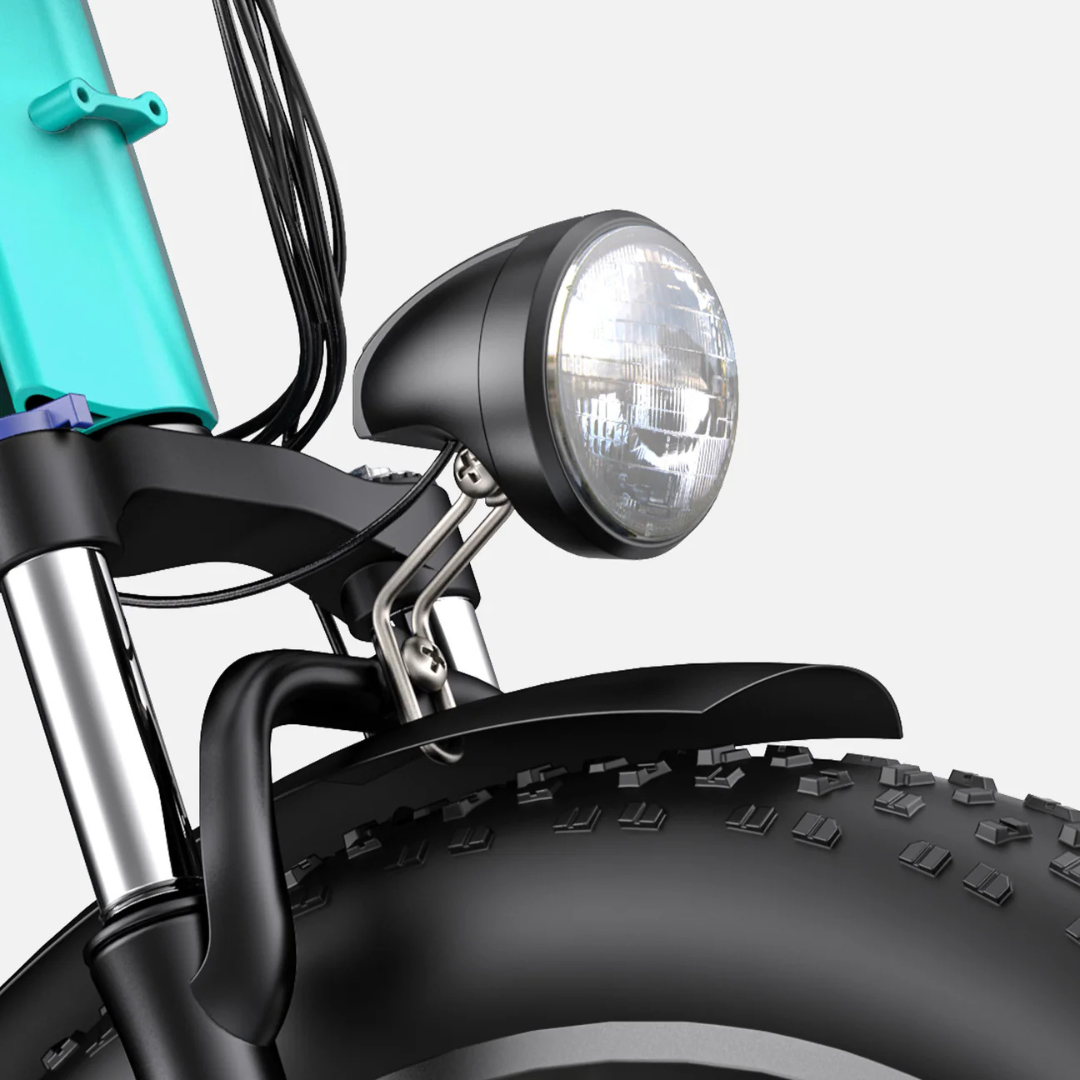 Electric bicycle Engwe E26 – front headlight and tyre close-up